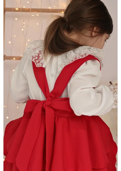 Kız Çocuk Helen Kırmızı Askılı Kat Kat Bağlama Jile Elbise Dantel Detay Ekru Uzun Kollu Bluz Takım TKM-0190.3 indirimleri