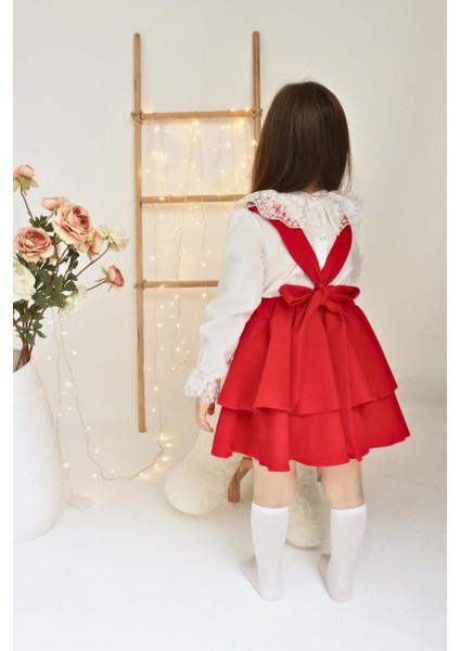 Kız Çocuk Helen Kırmızı Askılı Kat Kat Bağlama Jile Elbise Dantel Detay Ekru Uzun Kollu Bluz Takım TKM-0190.3 indirimleri
