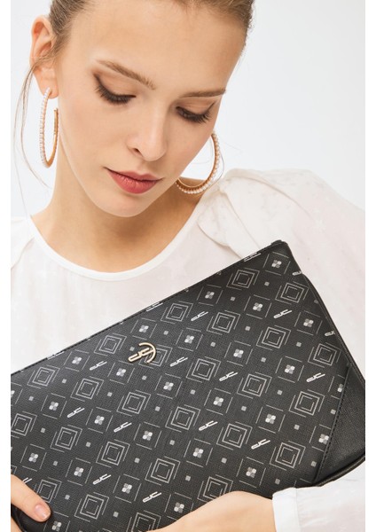 Kadın Basic Clutch Çanta Monogram Desenli Siyah Gri 214002