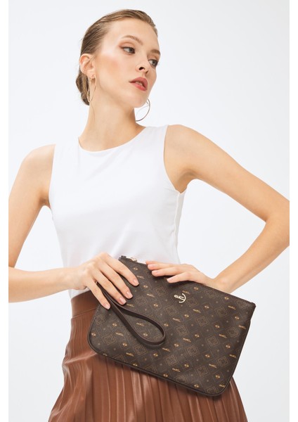 Kadın Basic Clutch Çanta Monogram Desenli Kahverengi 214002 fiyatları