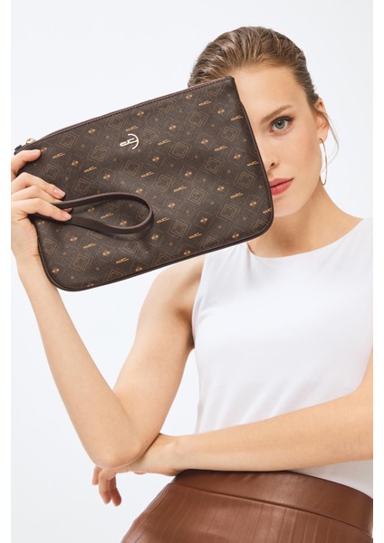 Kadın Basic Clutch Çanta Monogram Desenli Kahverengi 214002 modelleri