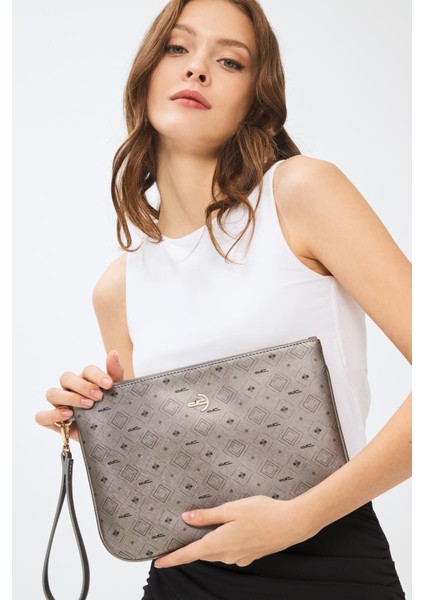 Kadın Basic Clutch Çanta Monogram Desenli Gümüş 214002