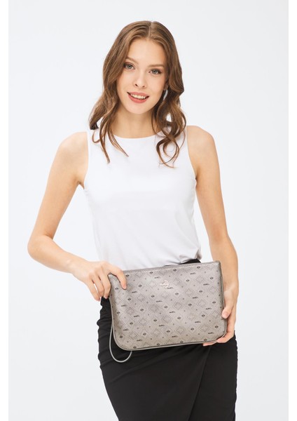 Kadın Basic Clutch Çanta Monogram Desenli Gümüş 214002