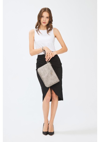 Kadın Basic Clutch Çanta Monogram Desenli Gümüş 214002