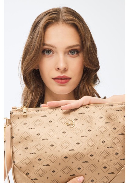 Kadın Basic Clutch Çanta Monogram Desenli Altın 214002