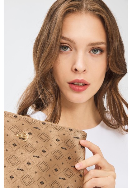 Kadın Basic Clutch Çanta Monogram Desenli Altın 214002