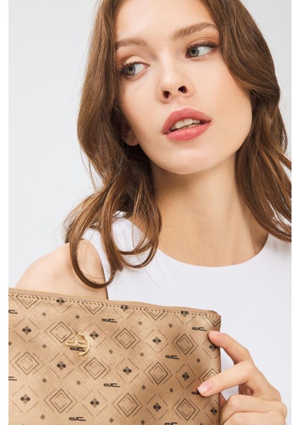 Kadın Basic Clutch Çanta Monogram Desenli Altın 214002