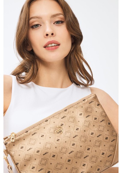 Kadın Basic Clutch Çanta Monogram Desenli Altın 214002