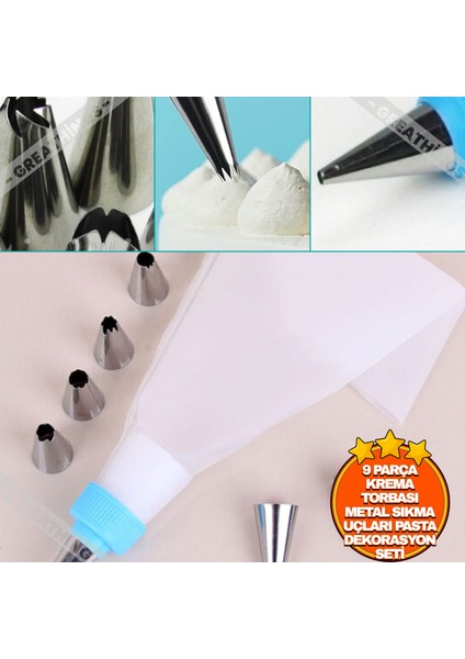 9 Parça Krema Torbası Metal Sıkma Uçları Pasta Kek Dekorasyon Seti