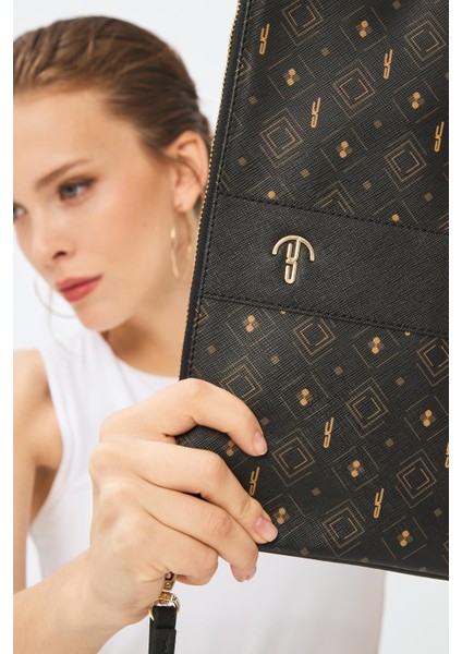 Kadın Basic Clutch Çanta Monogram Desenli Şeritli Logolu Siyah Taba 214002