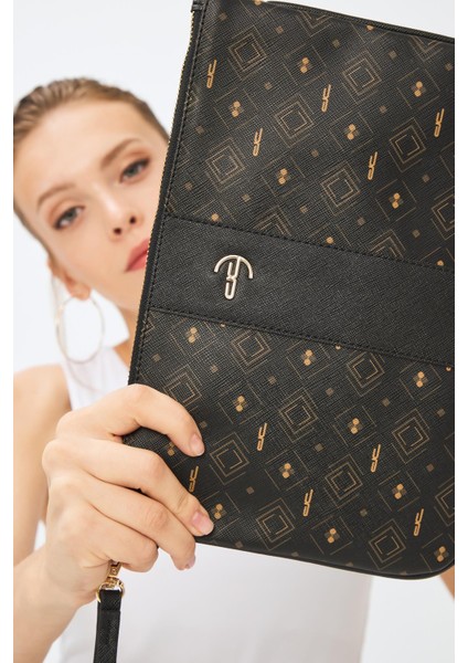 Kadın Basic Clutch Çanta Monogram Desenli Şeritli Logolu Siyah Taba 214002