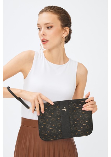 Kadın Basic Clutch Çanta Monogram Desenli Şeritli Logolu Siyah Taba 214002