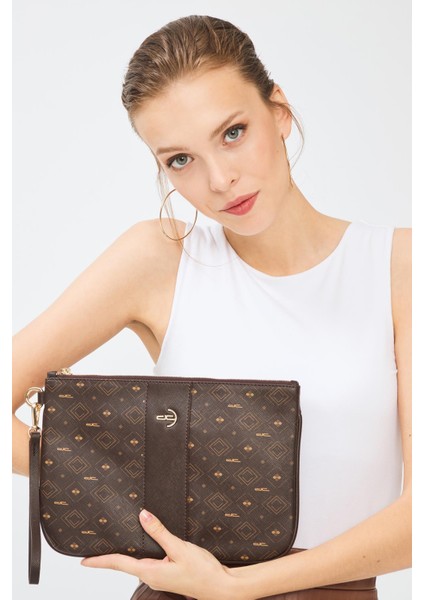 Kadın Basic Clutch Çanta Monogram Desenli Şeritli Logolu Kahverengi 214002