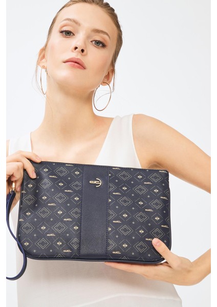 Kadın Basic Clutch Çanta Monogram Desenli Şeritli Logolu Lacivert 214002