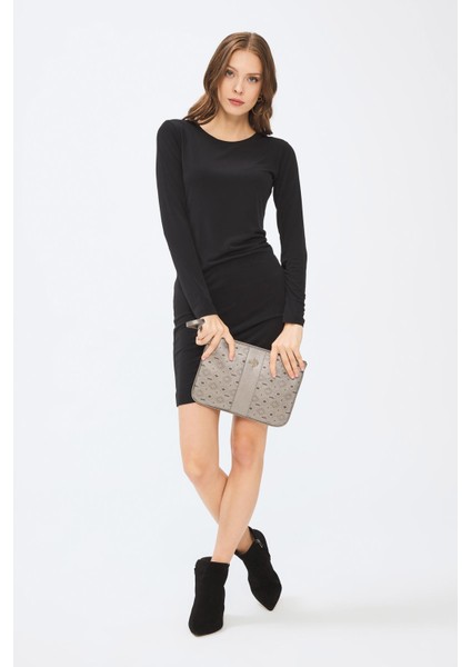 Kadın Basic Clutch Çanta Monogram Desenli Şeritli Logolu Gümüş 214002