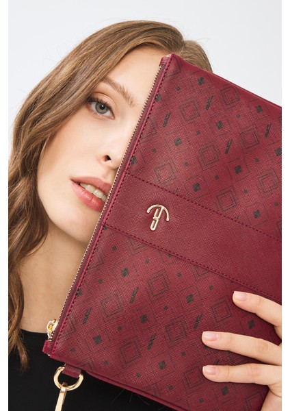 Kadın Basic Clutch Çanta Monogram Desenli Şeritli Logolu Bordo 214002