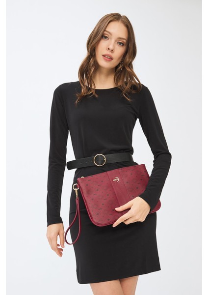 Kadın Basic Clutch Çanta Monogram Desenli Şeritli Logolu Bordo 214002