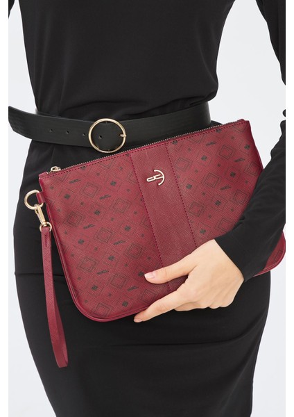 Kadın Basic Clutch Çanta Monogram Desenli Şeritli Logolu Bordo 214002