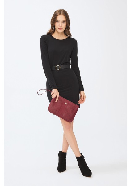 Kadın Basic Clutch Çanta Monogram Desenli Şeritli Logolu Bordo 214002