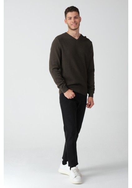 Waffle Desenlı V Yaka Regular Fit Casual Kazak Yeni Sezon fiyatları