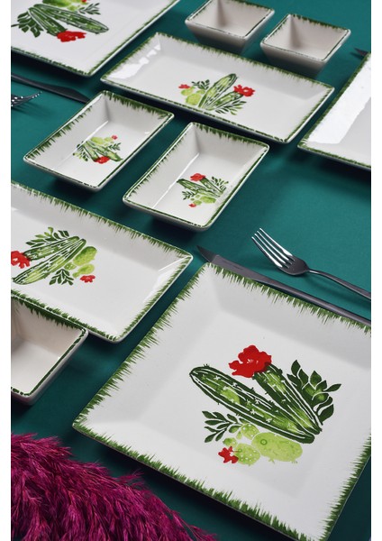 12 Parça 4 Kişilik Kaktüs Kahvaltı Takımı Handmade Kahvaltılık Sunum Seti Servis Tabakları