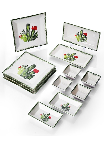 12 Parça 4 Kişilik Kaktüs Kahvaltı Takımı Handmade Kahvaltılık Sunum Seti Servis Tabakları