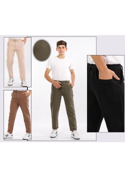 Jogger- Pamuk-Denim-Yarım Lastikli-Bağcıklı-Paça Katlamalı-Erkek Çocuk Pantolonu