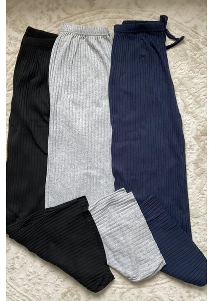 Fitilli 3’lü Siyah-Gri-Lacivert Kadın Rahat Pantolon Pijama Seti – Konfor ve Şıklık Bir Arada!