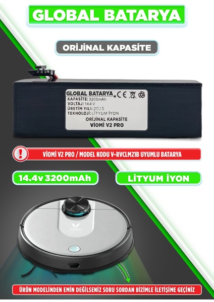 Viomi V2 Pro Uyumlu Akıllı Robot Süpürge Bataryası 14.4V 3200mAh Li-ion Pil (Orijinal Kapasite)