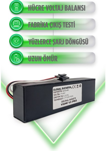 Viomi V2 Pro Uyumlu Akıllı Robot Süpürge Bataryası 14.4V 3200mAh Li-ion Pil (Orijinal Kapasite)