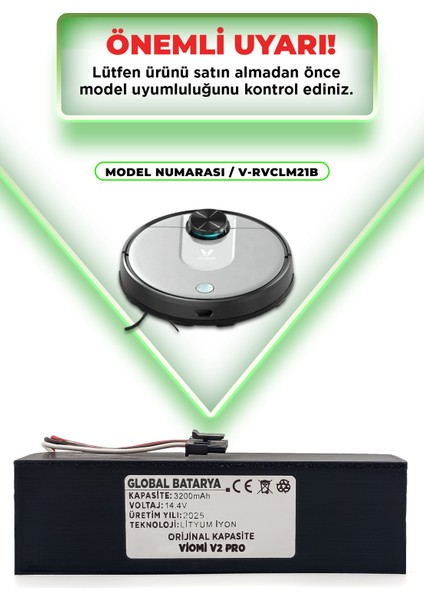 Viomi V2 Pro Uyumlu Akıllı Robot Süpürge Bataryası 14.4V 3200mAh Li-ion Pil (Orijinal Kapasite)