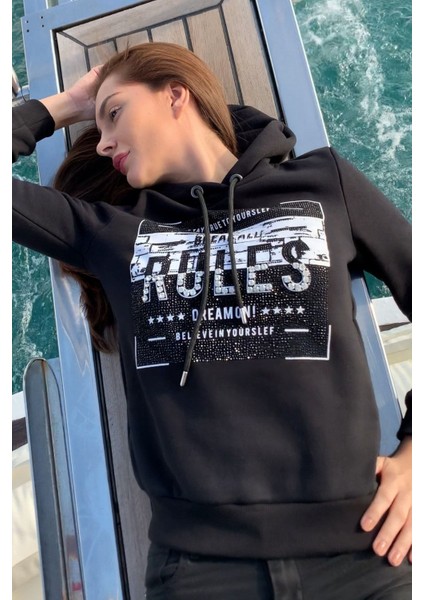 Crystal Taşlı Içi Polarlı Cepli Kapüşonlu Üç Iplik Şardonlu Kadın Sweatshirt