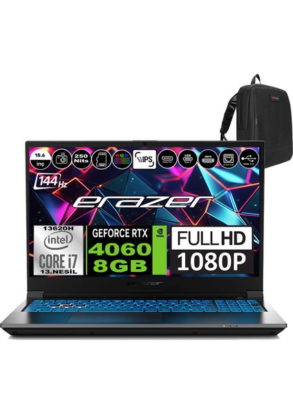 Deputy P60I Intel Core I7 13620H 64GB 4tb SSD RTX4060 Windows 11 Pro 15.6" Fhd IPS 144Hz Taşınabilir Bilgisayar MD62749P12 + Zetta Çanta