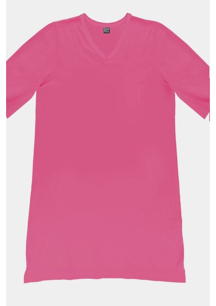 Düz Fuşya V Yaka Yarım Kol Diz Boy Ev Elbisesi Gecelik modelleri