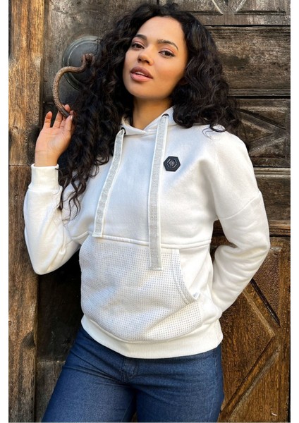 Crystal Taşlı Içi Polarlı Cepli Kapüşonlu Üç Iplik Şardonlu Pamuk Kadın Tasarım Siyah Sweatshirt