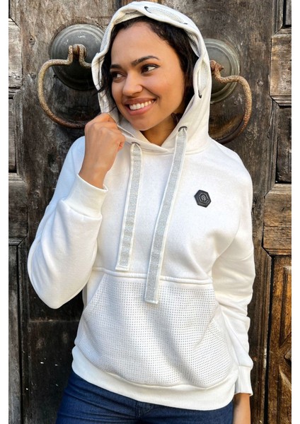 Crystal Taşlı Içi Polarlı Cepli Kapüşonlu Üç Iplik Şardonlu Pamuk Kadın Tasarım Siyah Sweatshirt