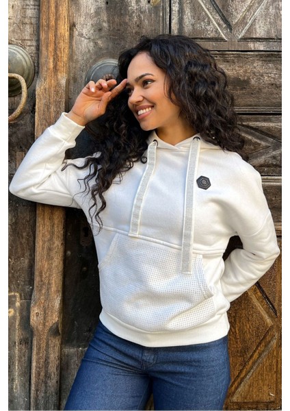 Crystal Taşlı Içi Polarlı Cepli Kapüşonlu Üç Iplik Şardonlu Pamuk Kadın Tasarım Siyah Sweatshirt