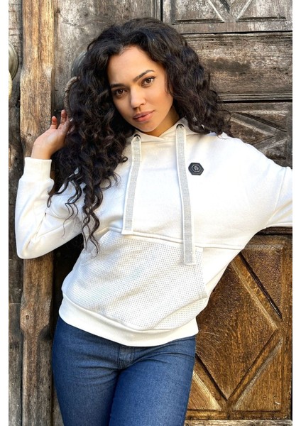 Crystal Taşlı Içi Polarlı Cepli Kapüşonlu Üç Iplik Şardonlu Pamuk Kadın Tasarım Siyah Sweatshirt