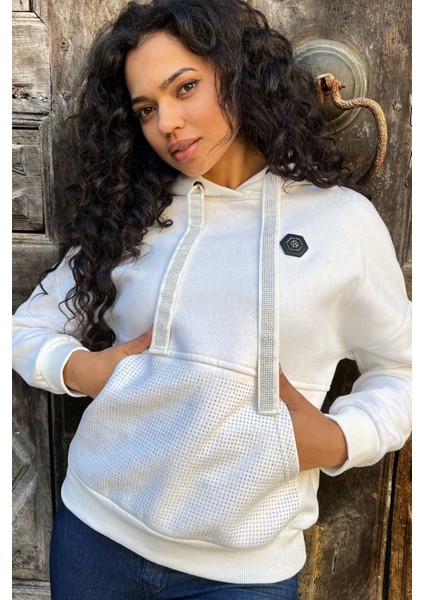 Crystal Taşlı Içi Polarlı Cepli Kapüşonlu Üç Iplik Şardonlu Pamuk Kadın Tasarım Siyah Sweatshirt modelleri