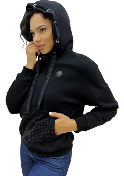 Crystal Taşlı Içi Polarlı Cepli Kapüşonlu Üç Iplik Şardonlu Pamuk Kadın Tasarım Siyah Sweatshirt