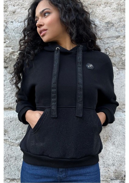 Crystal Taşlı Içi Polarlı Cepli Kapüşonlu Üç Iplik Şardonlu Pamuk Kadın Tasarım Siyah Sweatshirt