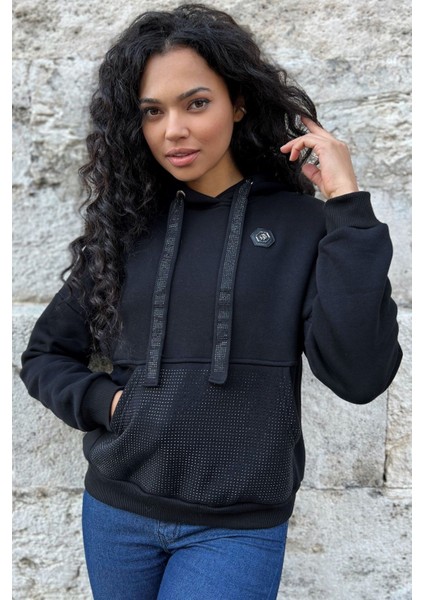 Crystal Taşlı Içi Polarlı Cepli Kapüşonlu Üç Iplik Şardonlu Pamuk Kadın Tasarım Siyah Sweatshirt