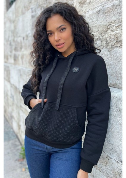 Crystal Taşlı Içi Polarlı Cepli Kapüşonlu Üç Iplik Şardonlu Pamuk Kadın Tasarım Siyah Sweatshirt