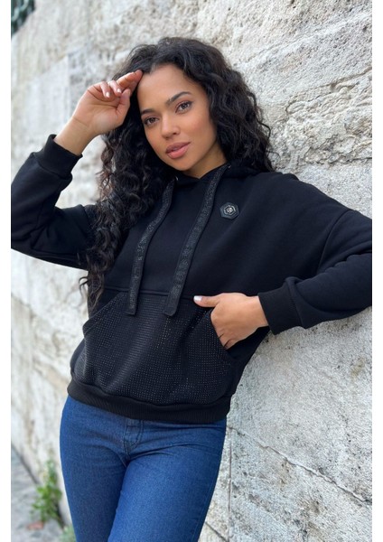 Crystal Taşlı Içi Polarlı Cepli Kapüşonlu Üç Iplik Şardonlu Pamuk Kadın Tasarım Siyah Sweatshirt