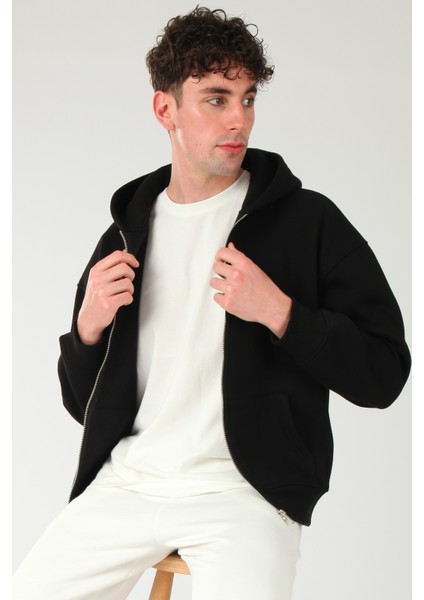 Basic Erkek Oversize Fit Kapüşonlu ve Fermuarlı Üst