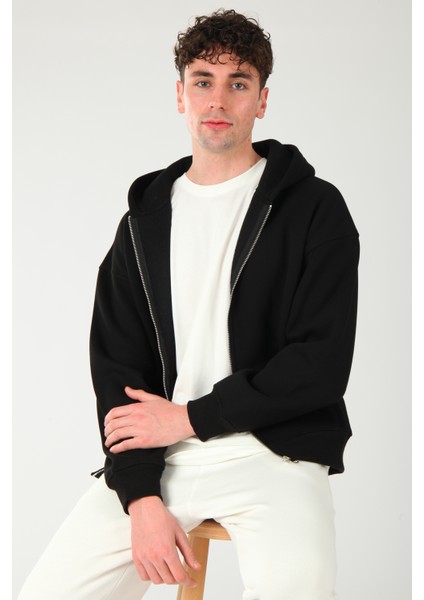 Basic Erkek Oversize Fit Kapüşonlu ve Fermuarlı Üst