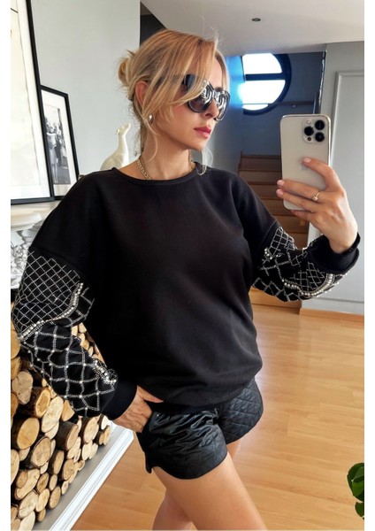 Crystal Taşlı Incili Bol Kesim Oversize Büyük Beden Üç Iplik Pamuk Rahat Şık Kadın Sweatshirt fiyatları
