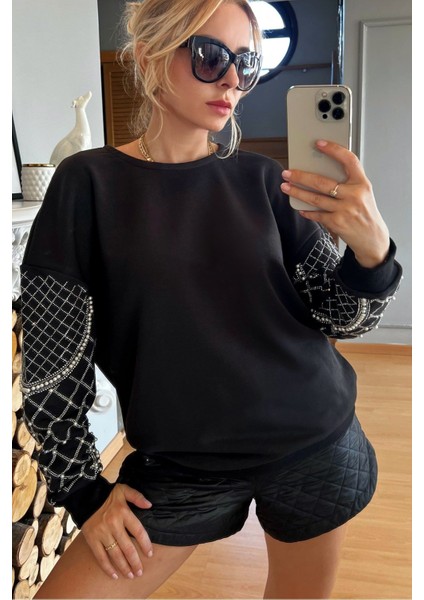 Crystal Taşlı Incili Bol Kesim Oversize Büyük Beden Üç Iplik Pamuk Rahat Şık Kadın Sweatshirt modelleri
