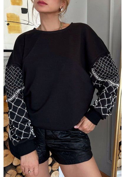Crystal Taşlı Incili Bol Kesim Oversize Büyük Beden Üç Iplik Pamuk Rahat Şık Kadın Sweatshirt indirimleri