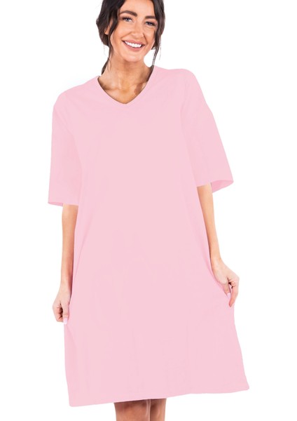 Düz Pembe V Yaka Yarım Kol Diz Boy Ev Elbisesi Gecelik